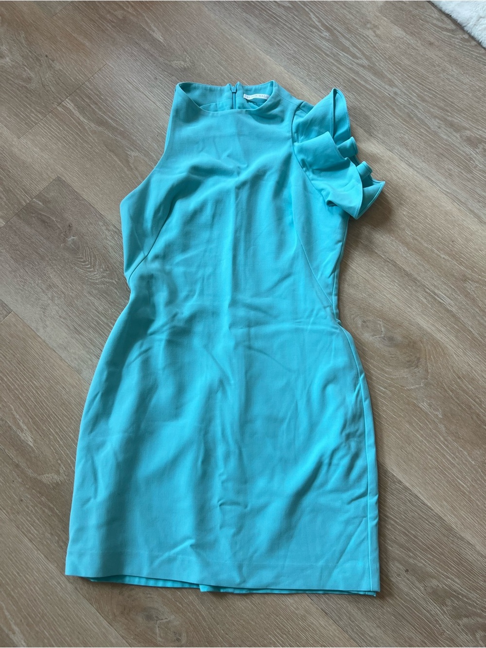 Black Halo Aqua One-Shoulder Ruffle Mini Dress